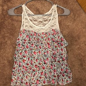 Floral ruffled tank top with a white lace top!